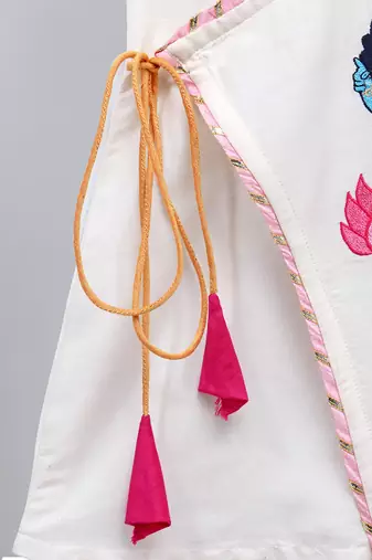 White krishna embroidered cotton silk angrakha kurta set