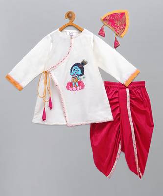 White krishna embroidered cotton silk angrakha kurta set 5