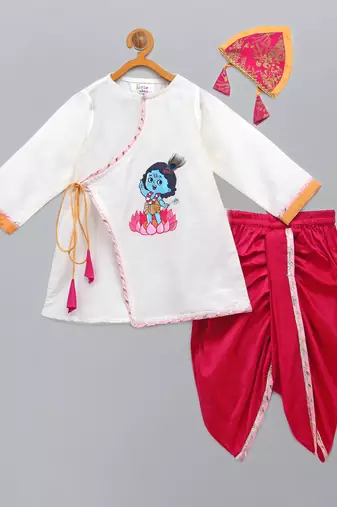 White krishna embroidered cotton silk angrakha kurta set