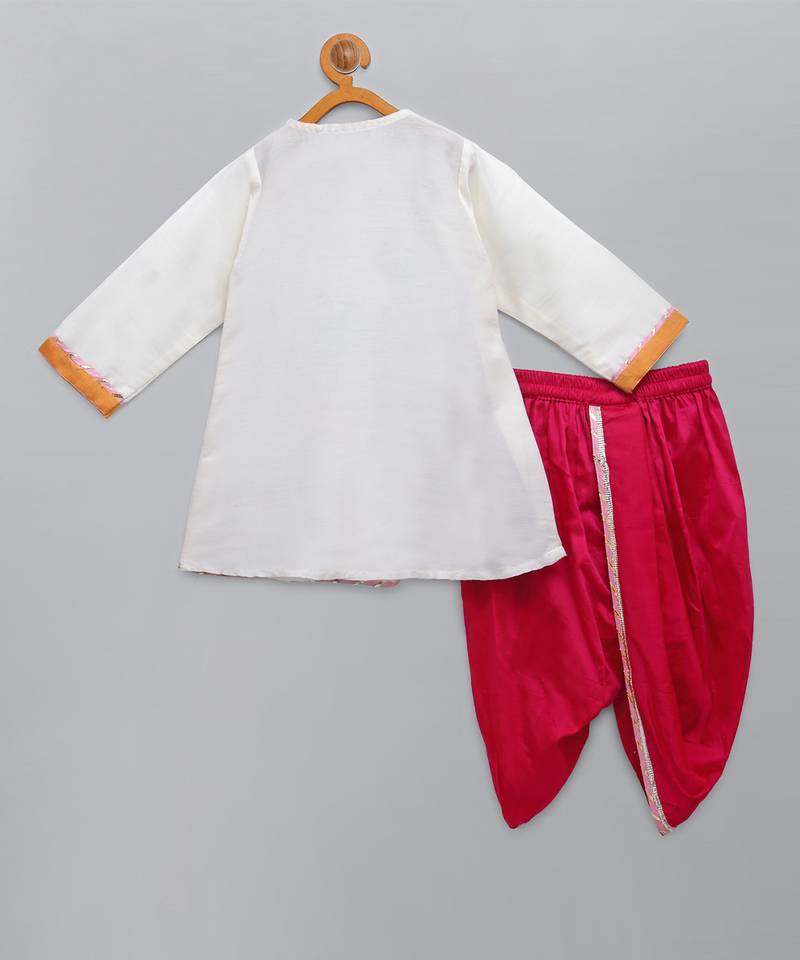 White krishna embroidered cotton silk angrakha kurta set