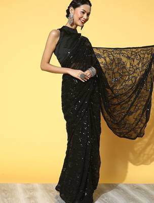 black embellished pure georgette saree with embroidered border 2