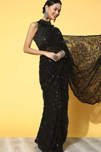 black embellished pure georgette saree with embroidered border