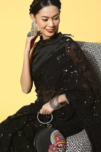 black embellished pure georgette saree with embroidered border