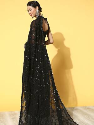 black embellished pure georgette saree with embroidered border 4