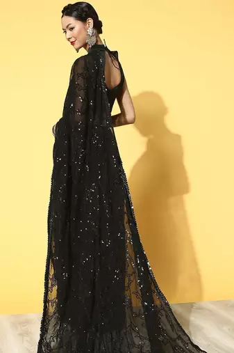 black embellished pure georgette saree with embroidered border