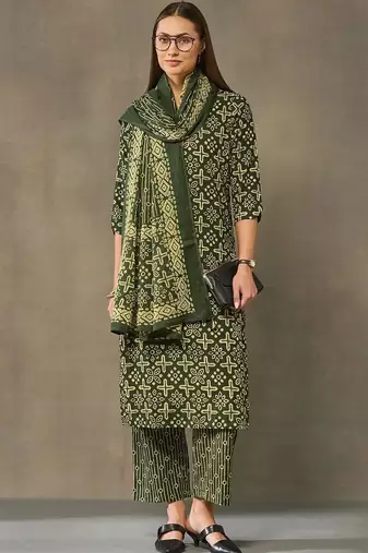 women ethnic motifs printed regular cotton kurta with palazzos & with dupatta