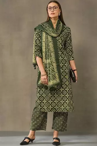 women ethnic motifs printed regular cotton kurta with palazzos & with dupatta