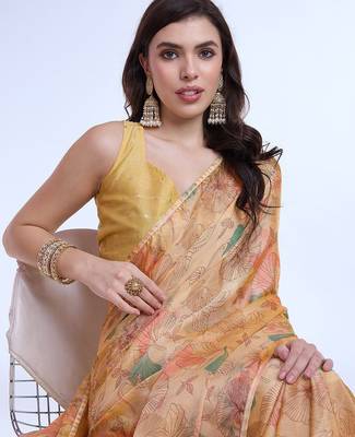 peach floral poly chiffon saree 1