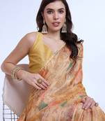 peach floral poly chiffon saree