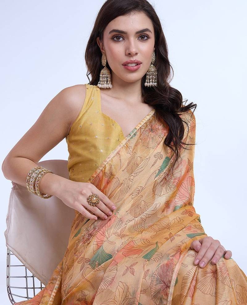 peach floral poly chiffon saree