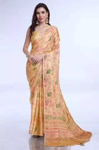 peach floral poly chiffon saree