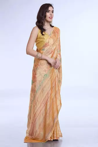 peach floral poly chiffon saree