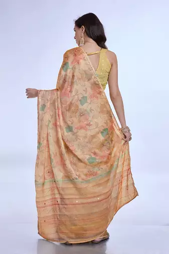 peach floral poly chiffon saree