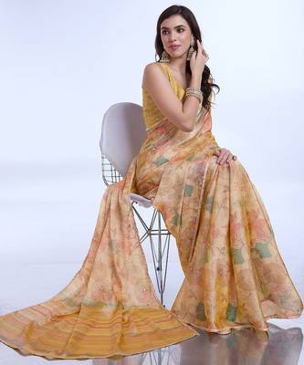 peach floral poly chiffon saree 5