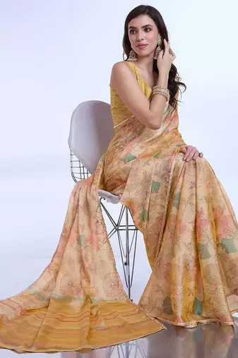 peach floral poly chiffon saree