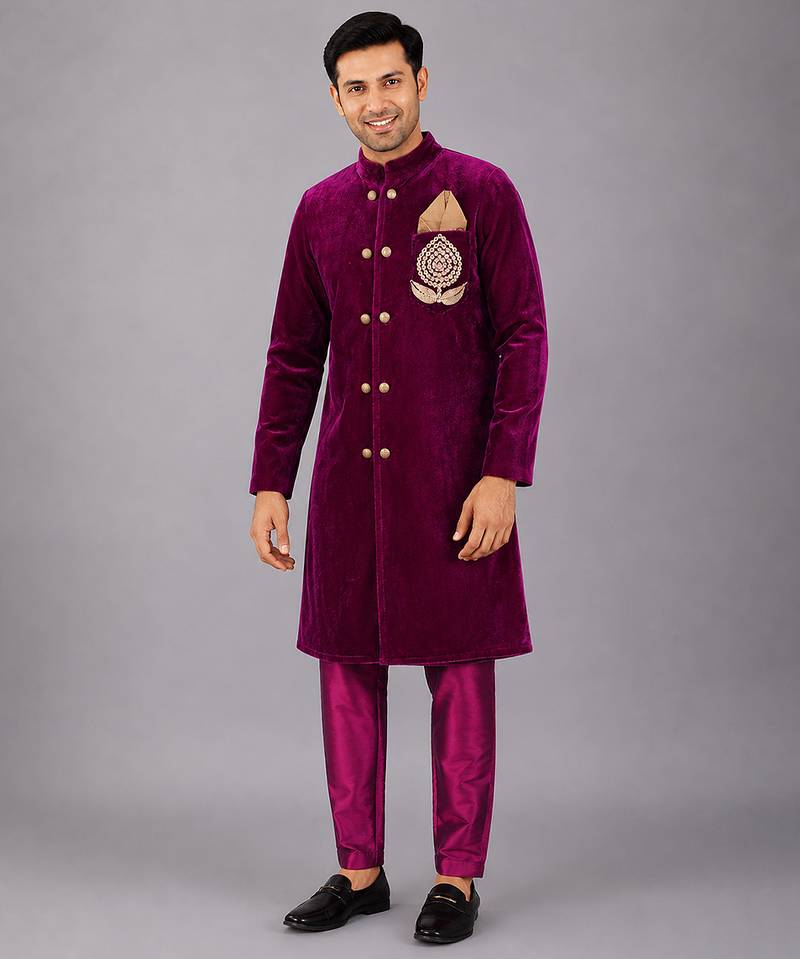 Royal purple embroidered velvet Men Bandhgala and Pant
