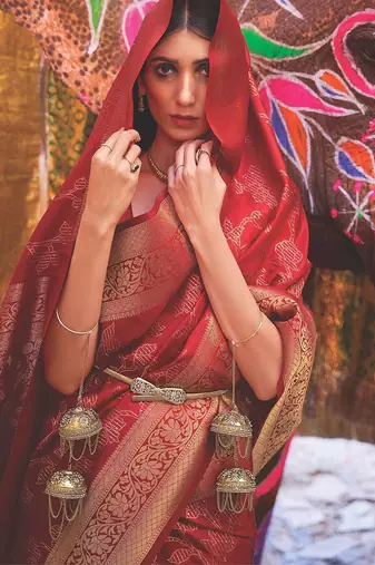 red red & gold-toned woven design zari silk blend banarasi saree