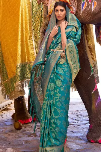 teal teal green & gold-toned ethnic motifs zari silk blend banaras saree