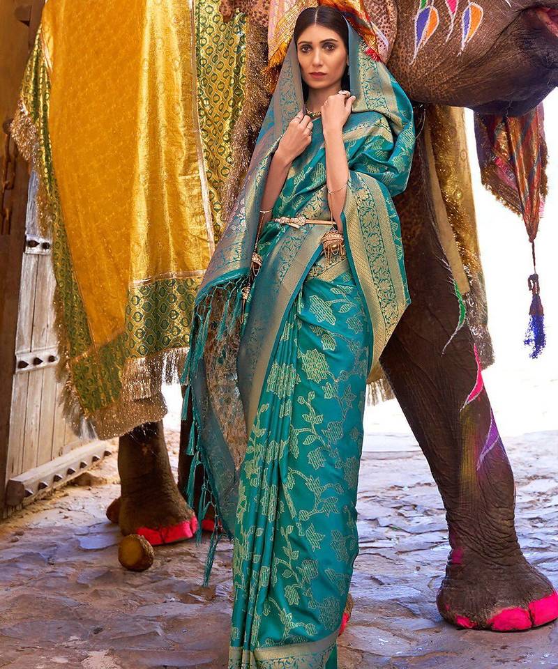 teal teal green & gold-toned ethnic motifs zari silk blend banaras saree