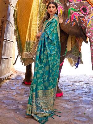 teal teal green & gold-toned ethnic motifs zari silk blend banaras saree 2