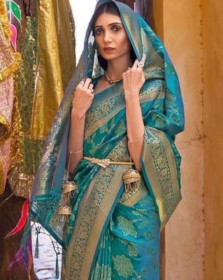 teal teal green & gold-toned ethnic motifs zari silk blend banaras saree 3