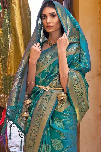 teal teal green & gold-toned ethnic motifs zari silk blend banaras saree