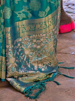 teal teal green & gold-toned ethnic motifs zari silk blend banaras saree 4