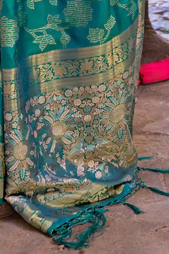 teal teal green & gold-toned ethnic motifs zari silk blend banaras saree