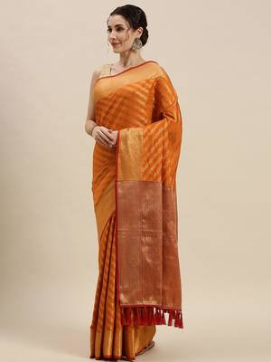 orange orange & golden woven design silk blend saree 1