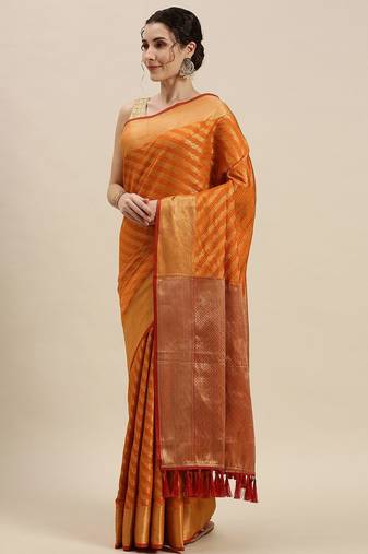 orange orange & golden woven design silk blend saree