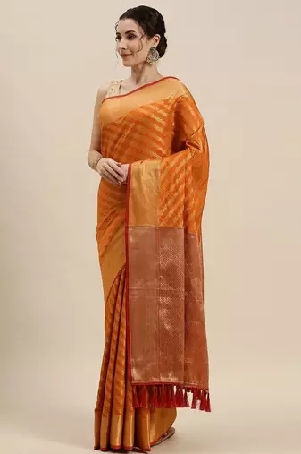 orange orange & golden woven design silk blend saree