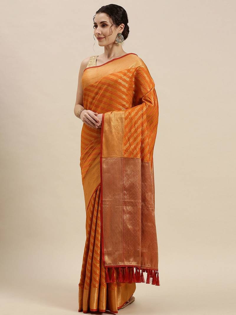 orange orange & golden woven design silk blend saree