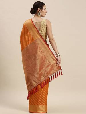 orange orange & golden woven design silk blend saree 2