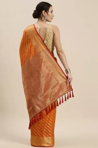 orange orange & golden woven design silk blend saree