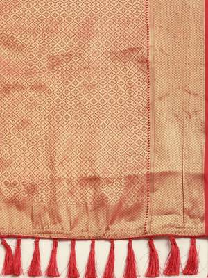 orange orange & golden woven design silk blend saree 4