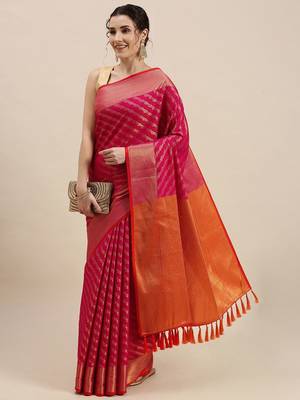 pink pink & golden ethnic motifs silk blend saree 1