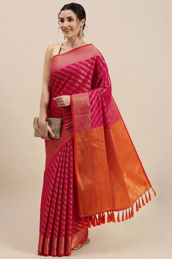 pink pink & golden ethnic motifs silk blend saree