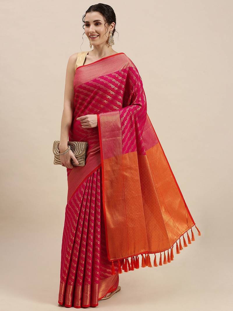 pink pink & golden ethnic motifs silk blend saree