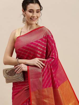 pink pink & golden ethnic motifs silk blend saree 2
