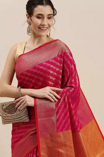 pink pink & golden ethnic motifs silk blend saree