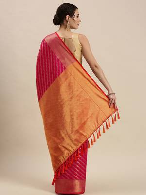 pink pink & golden ethnic motifs silk blend saree 3