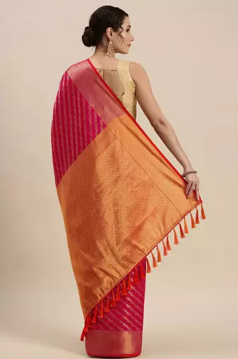 pink pink & golden ethnic motifs silk blend saree