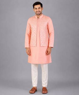 Peach pink woven cotton silk Men Kurta Set 3
