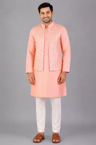 Peach pink woven cotton silk Men Kurta Set