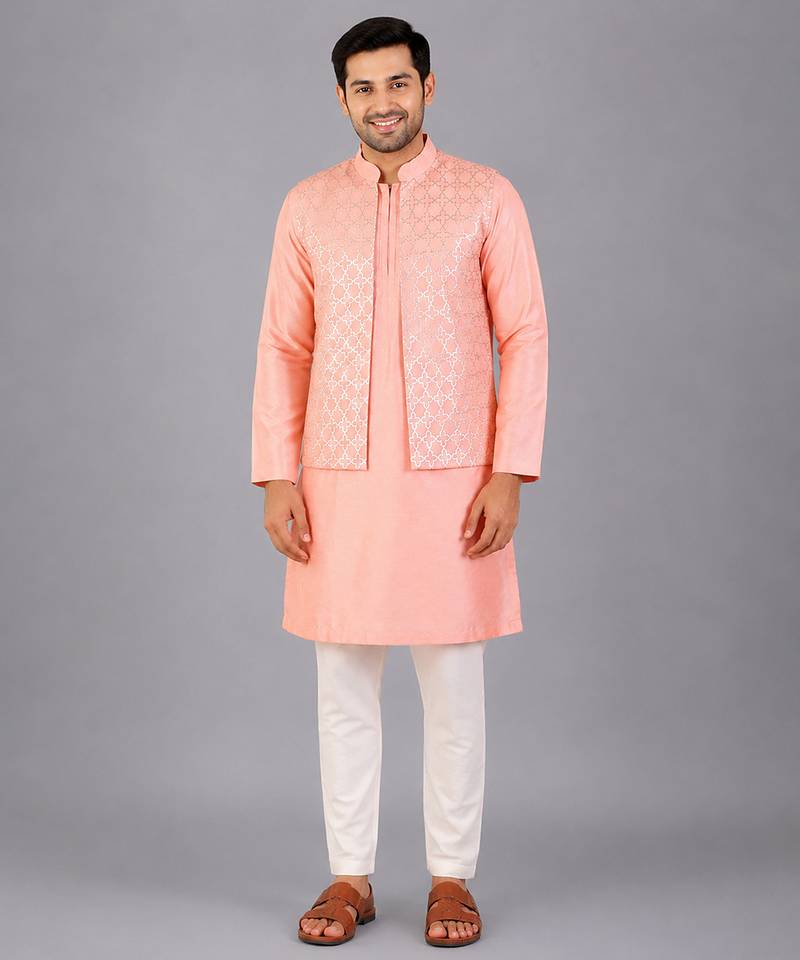 Peach pink woven cotton silk Men Kurta Set