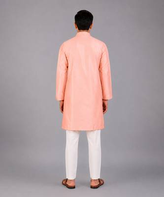 Peach pink woven cotton silk Men Kurta Set 4