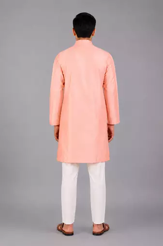 Peach pink woven cotton silk Men Kurta Set