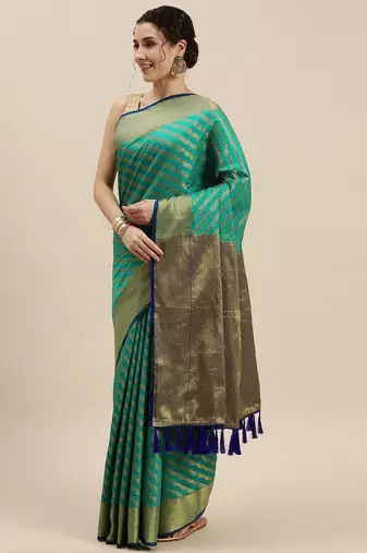 blue blue & golden ethnic motifs silk blend saree