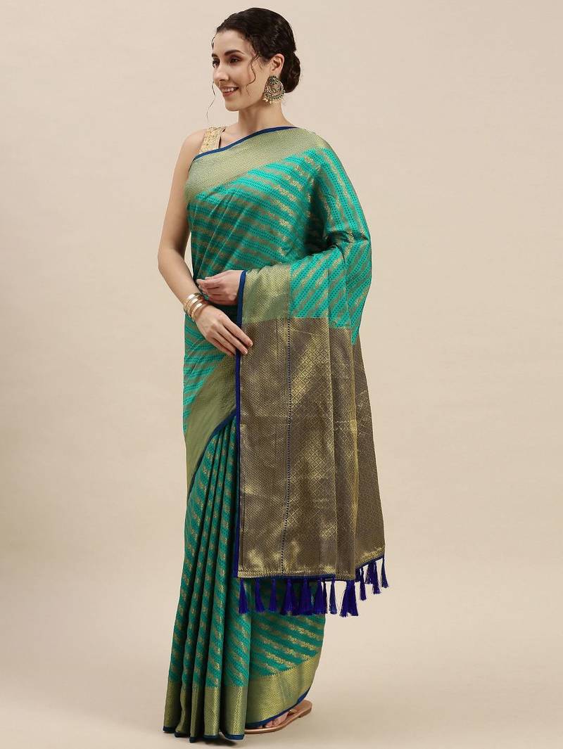 blue blue & golden ethnic motifs silk blend saree