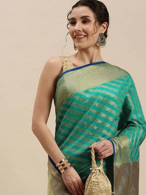 blue blue & golden ethnic motifs silk blend saree 2